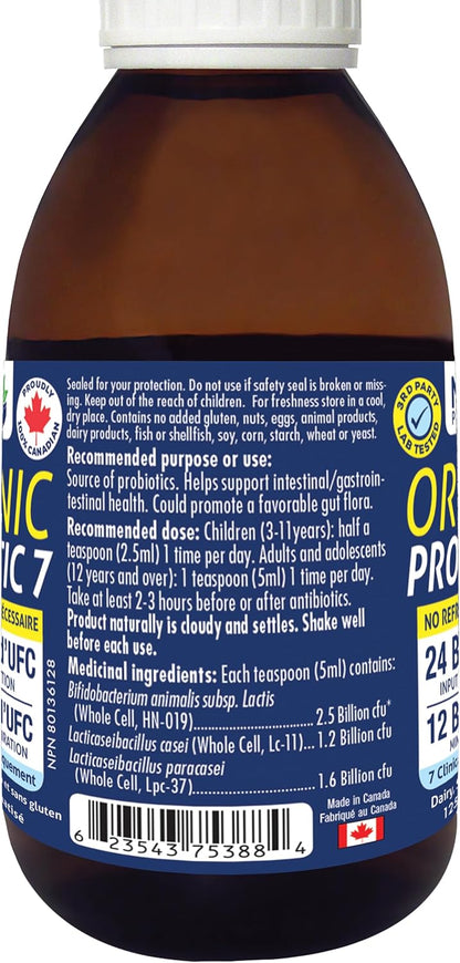 Naka Platinum 有机益生菌 7 液，保质期长，支持消化健康，支持健康的肠道菌群，缓解肠易激综合征 (IBS)、腹胀和便秘症状，无味，加拿大制造，适用于成人和儿童（125 毫升）