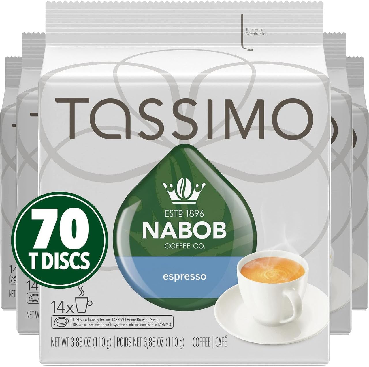 Tassimo Nabob 浓缩咖啡单份 T 盘，110 克（5 盒，每盒 14 块）和 Nabob Café Crema 咖啡单份 T 盘，110 克