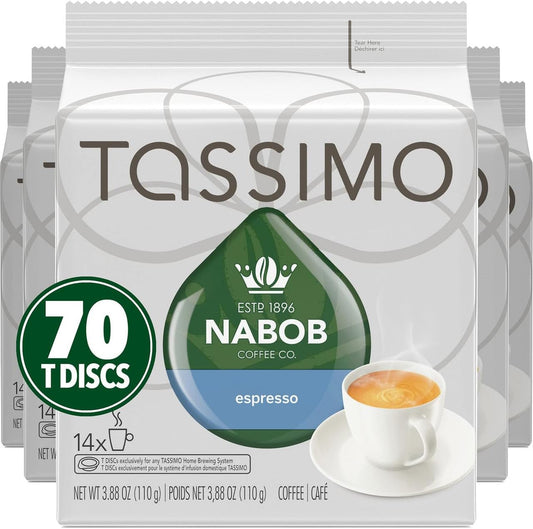 Tassimo Nabob 濃縮咖啡單份 T 盤，110 克（5 盒，每盒 14 塊）和 Nabob Café Crema 咖啡單份 T 盤，110 克