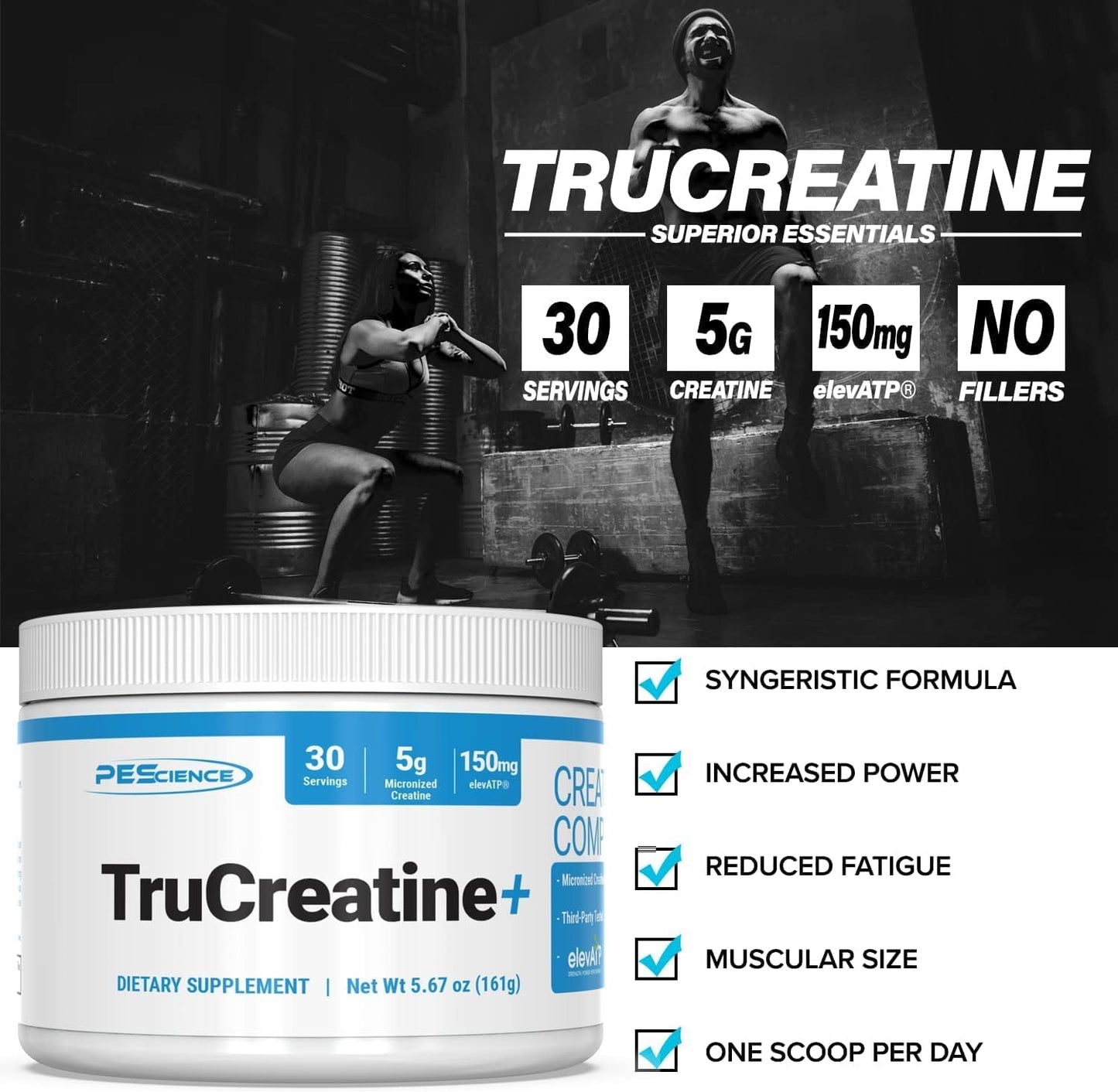 PEScience TruCreatine+ Creatine Monohydrate Powder, Micronized Creapure Creatine for Women & Men, Supports Muscle Growth, Strength & Recovery, Cognition, 30 Servings