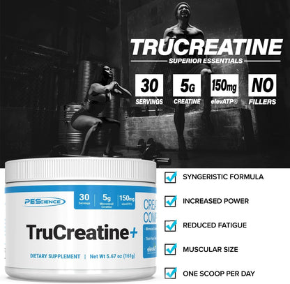 PEScience TruCreatine+ Creatine Monohydrate Powder, Micronized Creapure Creatine for Women & Men, Supports Muscle Growth, Strength & Recovery, Cognition, 30 Servings