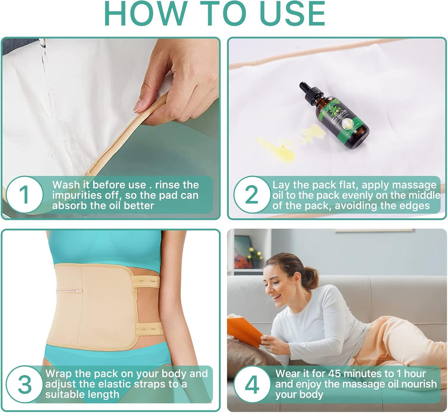 2 Pack Castor Oil Pack Wrap, Reusable Organic Castor Oil Pack Kit for Waist and Thyroid Neck, Castor Oil Packs for Liver Detox with Adjustable Elastic Strap Bamboo Cotton Machine Washable Anti Oil Leak (Premium Khaki Set)