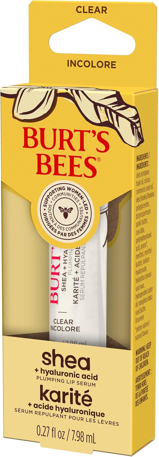 Burt's Bees 丰唇精华，蕴含 100% 天然乳木果油 + 透明质酸 | 丰唇膏，令双唇柔软亮泽 | 1 支装 - 透明