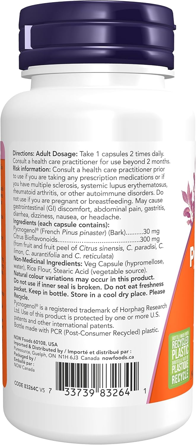 NOW Supplements，碧蘿芷 30 毫克（法國海岸松原花青素的獨特組合）與 300 毫克生物類黃酮，60 粒素食膠囊