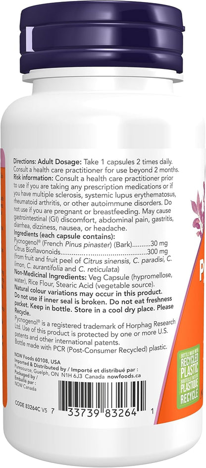 NOW Supplements，碧蘿芷 30 毫克（法國海岸松原花青素的獨特組合）與 300 毫克生物類黃酮，60 粒素食膠囊