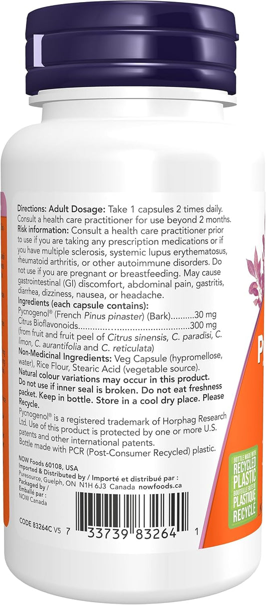 NOW Supplements，碧蘿芷 30 毫克（法國海岸松原花青素的獨特組合）與 300 毫克生物類黃酮，60 粒素食膠囊