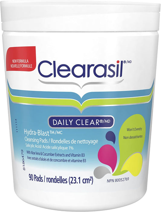 Clearasil, Daily Clear, Hydra-Blast Cleansing Pads, Won't Overdry, Salicylic Acid 1%, 90 Count