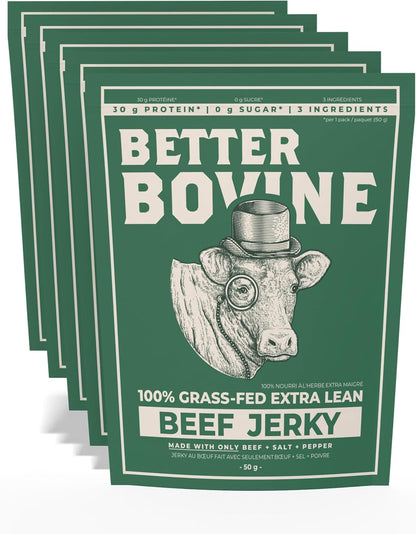 BETTER BOVINE Grass Fed Extra Lean Beef Jerky, Keto, Paleo, Low Carb, High Protein, Gluten Free, Sugar Free, Non-GMO, Nitrate Free, Preservative Free, No Antibiotics, No Added Hormones, 30g Protein, 0g Carbs, 130 Calorie…