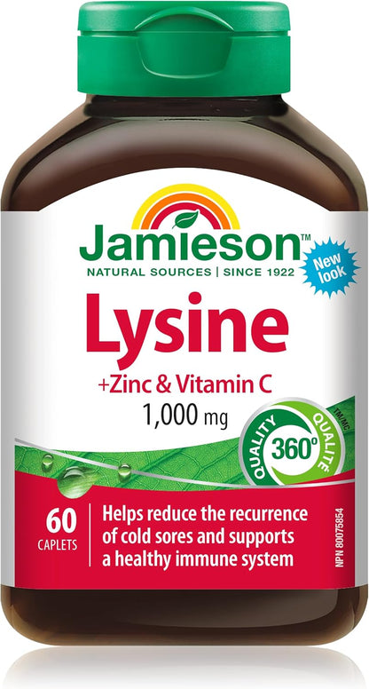 Jamieson賴氨酸1000毫克，含鋅和維生素C，有助於緩解唇皰疹，並增強免疫力。必需胺基酸，非基因改造，無麩質，60粒素食膠囊，加拿大製造