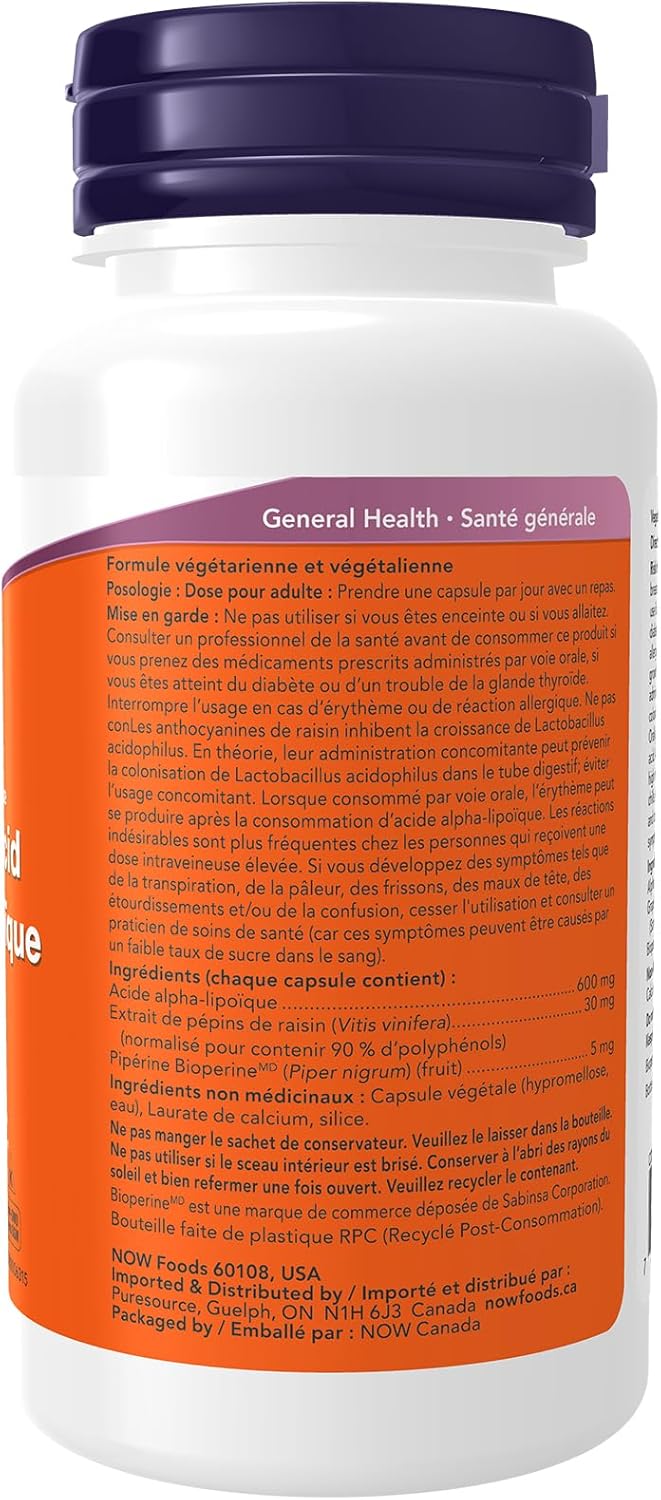 NOW Supplements, α-硫辛酸 600 毫克，含葡萄籽萃取物和胡椒鹼，強效，60 粒素食膠囊