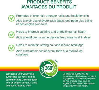 Jamieson 强效生物素软胶囊，10,000 微克，易于吞咽，有助于滋养浓密秀发、健康肌肤和强韧指甲。不含麸质，不含人工香料、色素或防腐剂，90 粒装，加拿大制造