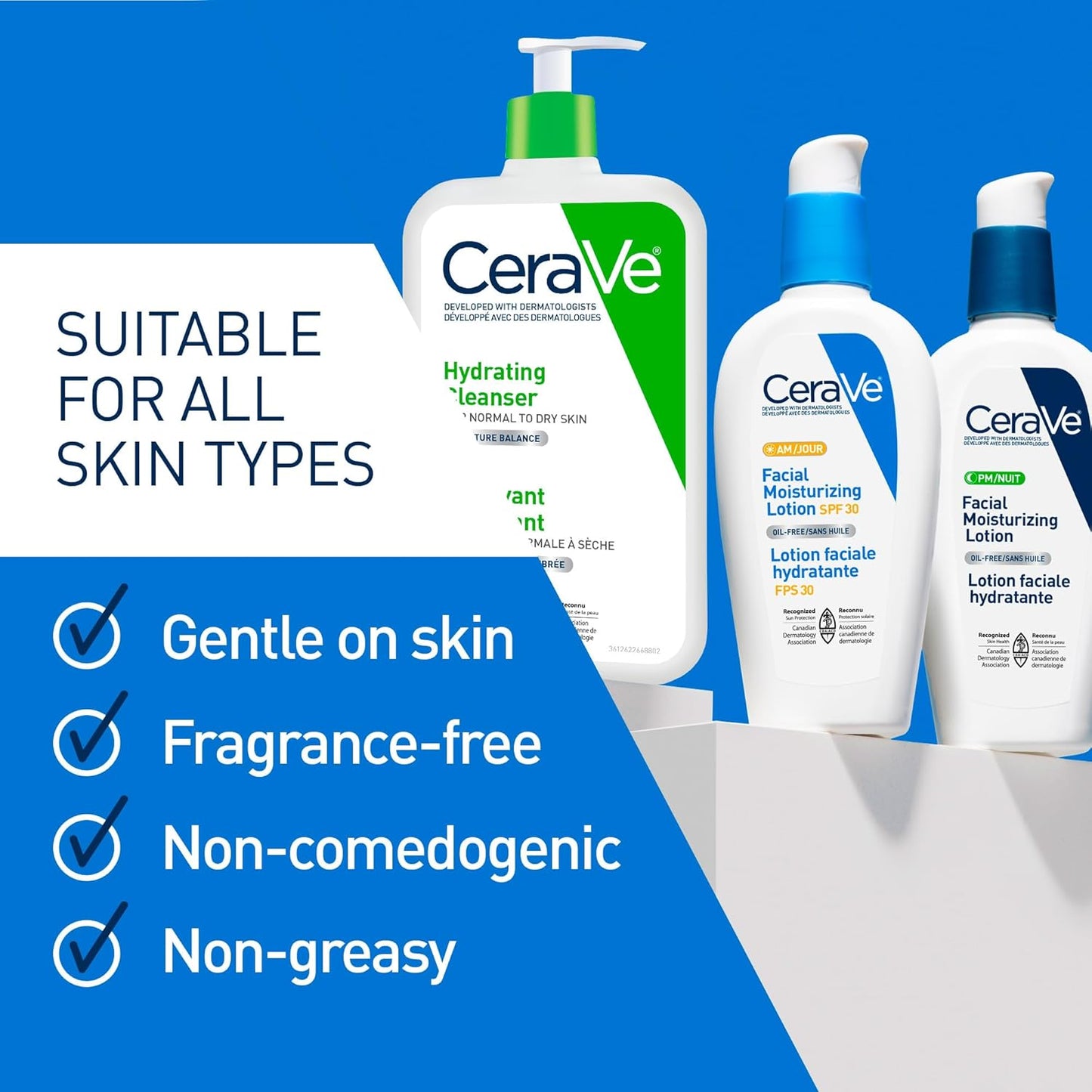 CeraVe 洁面乳和面霜套装（3 件装）、Cerave 日常必需品、保湿洁面乳、上午保湿乳液 SPF 30 和下午保湿乳液，含透明质酸和神经酰胺，无香型