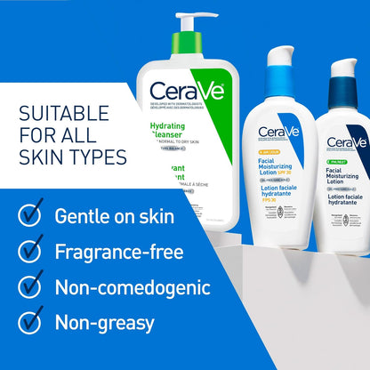 CeraVe 洁面乳和面霜套装（3 件装）、Cerave 日常必需品、保湿洁面乳、上午保湿乳液 SPF 30 和下午保湿乳液，含透明质酸和神经酰胺，无香型