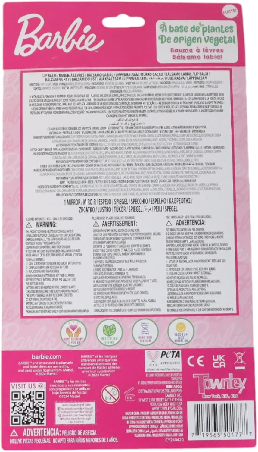 Townley Girl Barbie 4-Pack Lip Balm With Light Up Mirror - Moisturizing, Hydrating Lip Balm