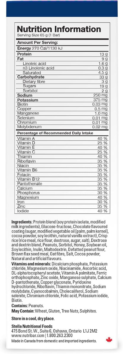 Nutribar 巧克力花生酱味能量棒，高蛋白，代餐棒，24 种维生素和矿物质，高纤维，加拿大制造，5 条装 *包装可能有所不同*