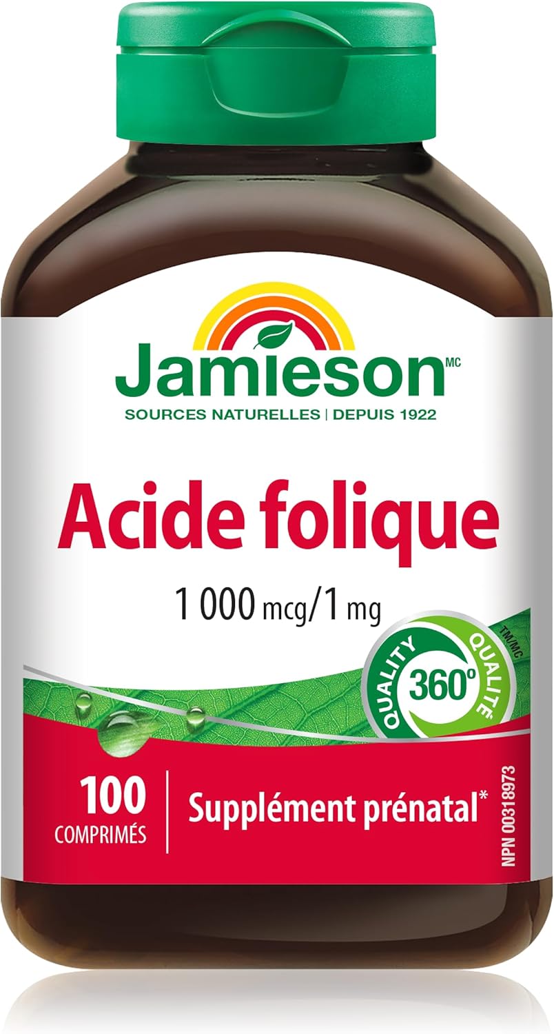 Jamieson Folic Acid 1,000 mcg Tablets, Prenatal Supplement, Supports Normal Fetal Development, Helps Prevent Neural Tube Defects and Produce Red Blood Cells. Vegetarian, Non-GMO, Gluten-Free, 100 Count, Proudly Canadian
