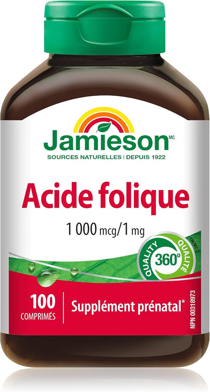 Jamieson Folic Acid 1,000 mcg Tablets, Prenatal Supplement, Supports Normal Fetal Development, Helps Prevent Neural Tube Defects and Produce Red Blood Cells. Vegetarian, Non-GMO, Gluten-Free, 100 Count, Proudly Canadian