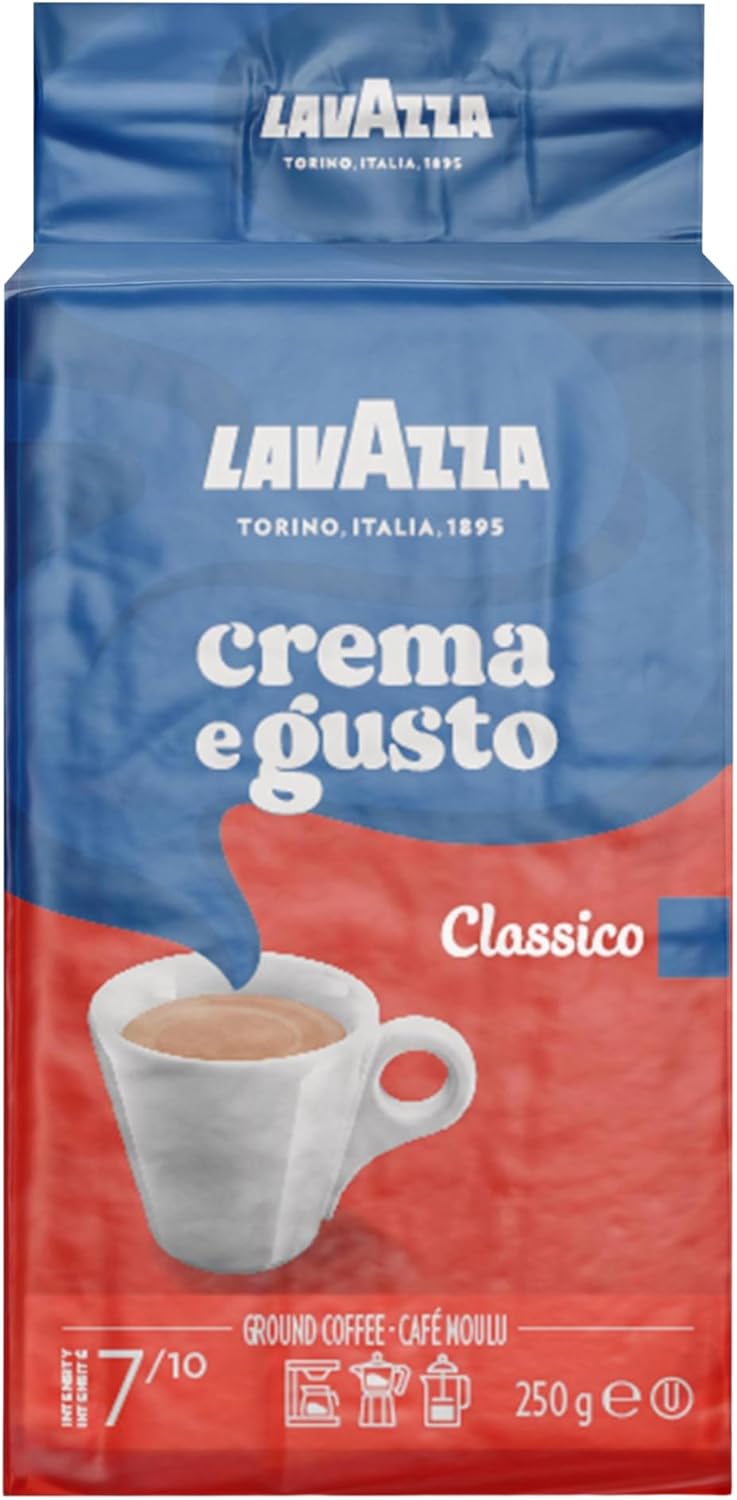 Lavazza Crema E Gusto 研磨咖啡混合物，浓缩咖啡深度烘焙，250 克砖 - 正宗意大利风味，在意大利混合和烘焙，非转基因，口感浓郁，余味悠长