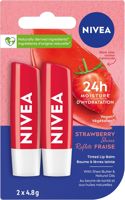 NIVEA Strawberry Shine Lip Balm (2x4.8g) | Shimmery Red Tinted Lip Care, 24H Hydration