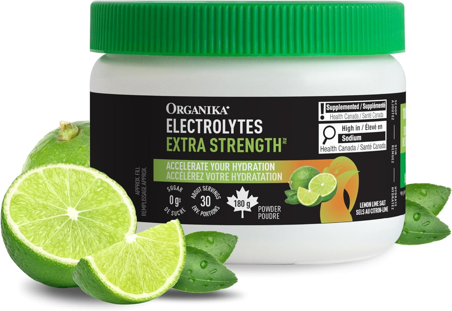 Organika 加拿大制造电解质超强粉 - 柠檬青柠味 - 高钠，适合运动后恢复 - 咸味，无糖，补水和补充电解质 - 180 克，30 份