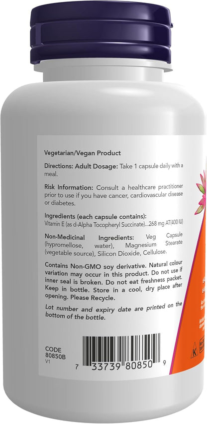 NOW Supplements，维生素 E-400 IU D-α 生育酚，干性，抗氧化保护*，100 粒素食胶囊