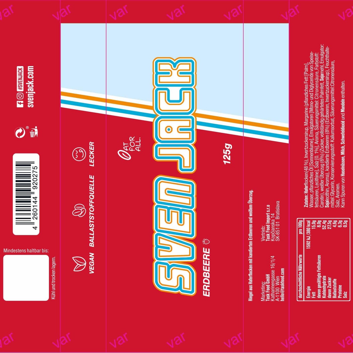 SvenJack Vegan Oat Bar Strawberry - 24 × 125g - High‑Fibre, Low‑Sugar, Gluten‑Free Oatmeal Energy Snack with Strawberries