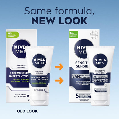 NIVEA MEN Sensitive Face Moisturizer, Men's Face Cream with Chamomile and Vitamin E, No Drying Alcohol, Dermatologically-Tested Skin Care, 75mL