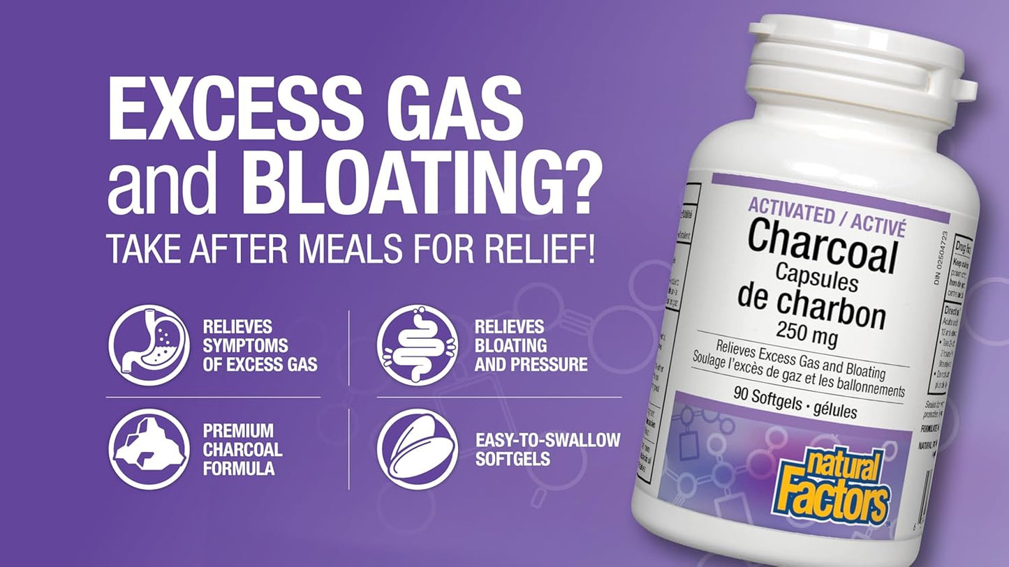 Natural Factors 活性炭胶囊，250 毫克，90 粒软胶囊，用于消化支持、排毒、缓解腹胀和胀气，加拿大制造