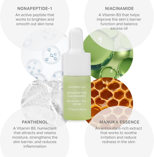 SumaNurica Nonapeptide Niacinamide Rejuvenating Serum - Brightening Serum Improves Texture - Face Oil Refines and Brightens Complexion - Face Serum Boosts Hydration - Vegan and Fragrance Free - 6pc