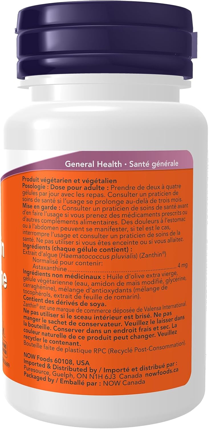 NOW Supplements，蝦紅素 4 毫克，含 Zanthin，支持眼部健康，60 粒素食軟膠囊