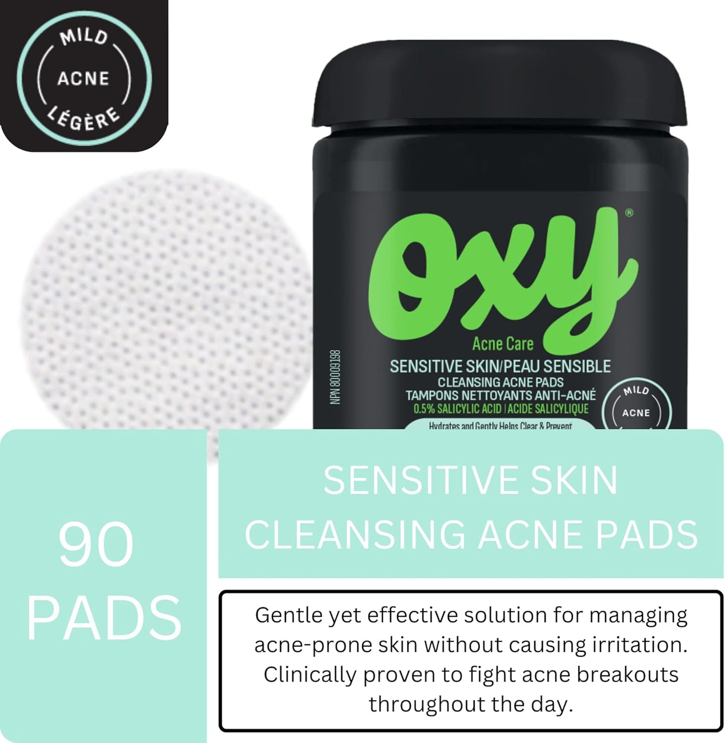 Oxy Sensitive Skin Cleansing Acne Pads - Clinically Proven Salicylic Acid (0.5%) – Gentle Formula to Help Treat and Prevent Breakouts - Enhanced Moisturizers - Unscented - Dermatologist Tested