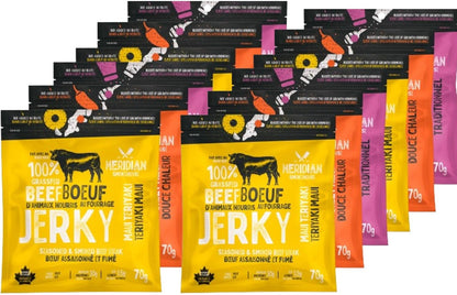 Meridian Smokehouse Variety Pack of 12-100% Grass-Fed Beef Jerky - Made In Canada- 3 Flavours Included - Sweat Heat, Maui Teriyaki, and Traditional, Gluten Free