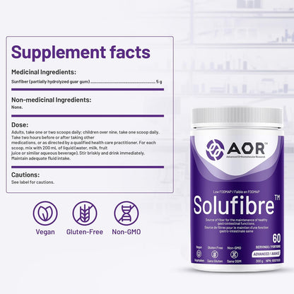 AOR - SoluFibre 粉，300 克，60 份 - 部分水解瓜尔胶 Sunfiber，促进消化舒适和规律 - 纯素、非转基因和无麸质 - 温和的益生元纤维补充剂 - 可溶性纤维