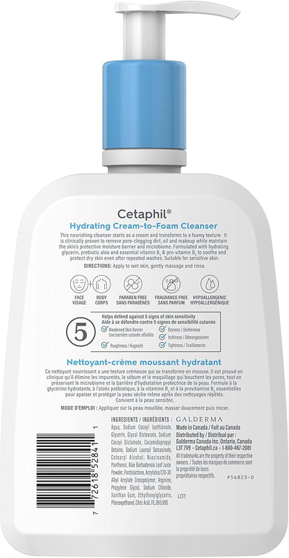 Cetaphil Cream to Foam Face Wash, Hydrating Foaming Cream Cleanser, For Normal to Dry, Sensitive Skin, with Soothing Aloe,Glycerin and Niacinamide, Hypoallergenic, Fragrance Free, 473 ml