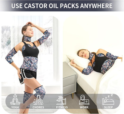 KANAV 8 Piece Castor Oil Pack Wrap Set, Organic Cotton Lined Reusable Castor Oil Compress Packs for Liver Detox, Insomnia, Constipation, Inflammation & Women's Gifts