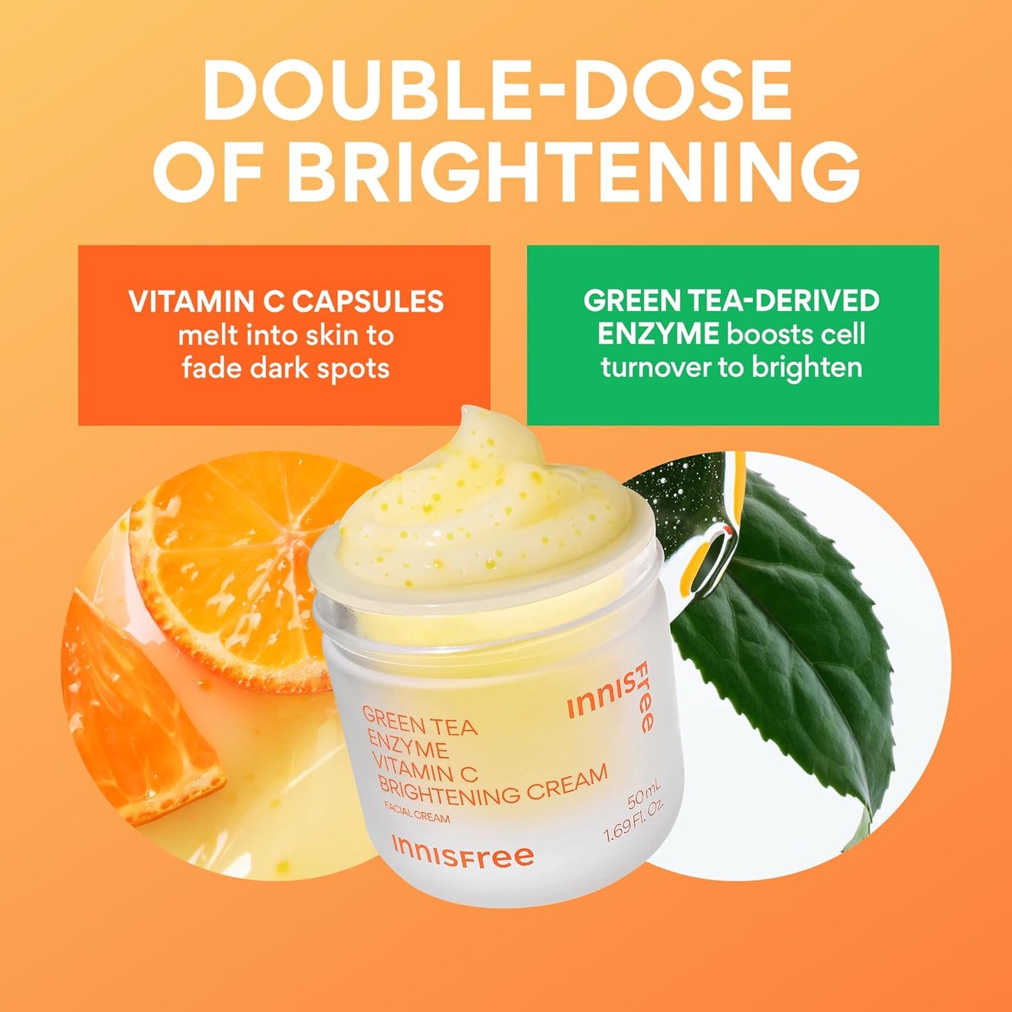 innisfree Green Tea Enzyme Vitamin C Brightening Cream, Korean Face Moisturizer for Dark Spots, Hydration & Radiant Skin