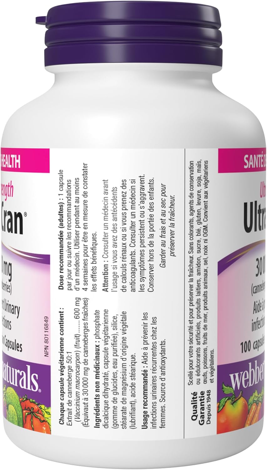 Webber Naturals UltraCran 超強蔓越莓膠囊，30,000 毫克，100 粒，有助於預防泌尿道感染，純素
