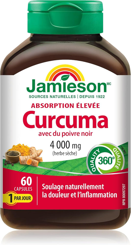 Jamieson Turmeric 4,000 mg, with Black Pepper, Provides Natural Joint Pain Relief, Supports Inflammation, and Helps with Digestion. High Absorption, NON-GMO, Gluten-Free, 60 Vegetarian Capsules, Proudly Canadian