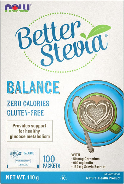 NOW Foods BetterStevia Balance 含铬和菊粉，零卡路里颗粒状甜味剂包，生酮友好，适合糖尿病患者，不含赤藓糖醇，100 包