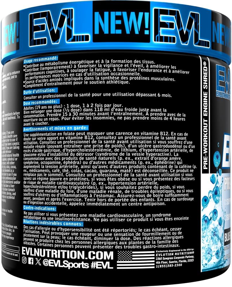 Evlution Nutrition ENGN Shred 锻炼前粉 - Shredding 锻炼前粉，含 CLA、L-肉碱和铬，可增强注意力、能量和耐力 - Blue Raz