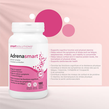 Smart Solutions Adrenasmart 素食胶囊，缓解压力症状，增强认知耐力和功能，并减轻疲劳。含 100 毫克红景天，不含麸质、大豆、人工防腐剂或甜味剂……