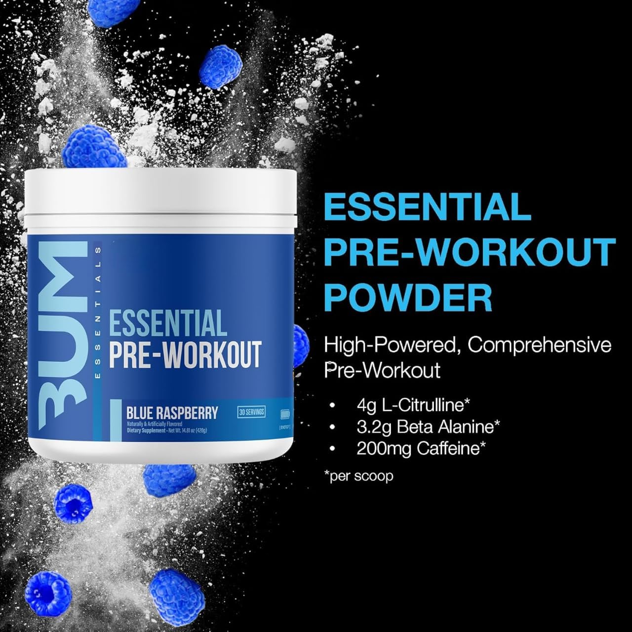 BUM 必备运动前粉 | Chris Bumstead 招牌必备运动前粉 | 咖啡因、L-瓜氨酸、L-酪氨酸和 β-丙氨酸混合物 | 30 份（蓝莓味）
