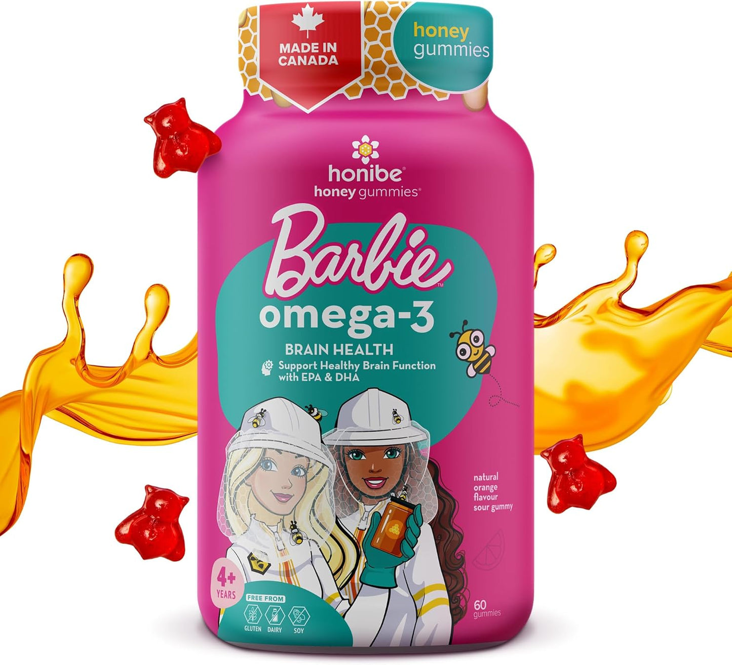 Honibe 芭比娃娃 Omega 3 軟糖，適合兒童和成人，加拿大製造，脂肪酸支持大腦健康，Omega-3 EPA 和 DHA 的可靠來源，可持續來源的魚油，無魚腥味，60 粒軟糖