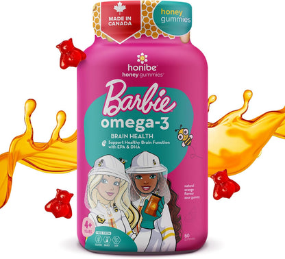 Honibe 芭比娃娃 Omega 3 軟糖，適合兒童和成人，加拿大製造，脂肪酸支持大腦健康，Omega-3 EPA 和 DHA 的可靠來源，可持續來源的魚油，無魚腥味，60 粒軟糖