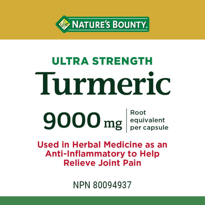 NATURE'S BOUNTY Turmeric, Ultra Strength, 9000 mg, Vegetarian, Anti-inflammatory For Joint Pain, Helps Healing Of Minor Wounds Like Cuts & Burns And Minor Skin Irritations, Capsules, 30 g