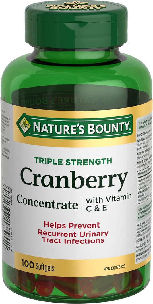 NATURE'S BOUNTY Cranberry Concentrate With Vitamins C & E, Triple Strength, Helps Prevent Recurrent Urinary Tract Infections, Provides Antioxidants, Softgels, 174.9 g