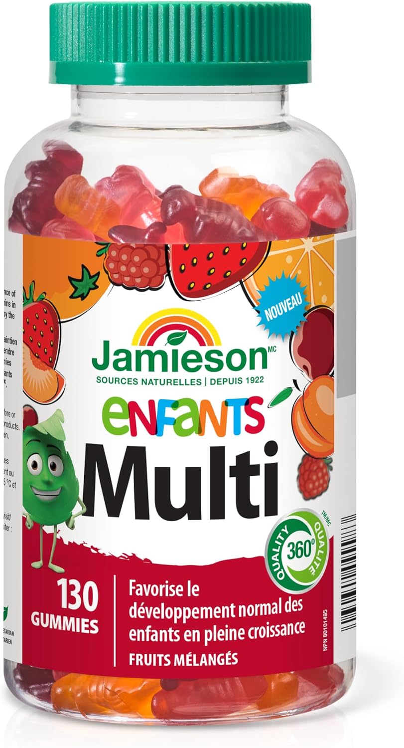 Jamieson 儿童复合维生素软糖，橙子、樱桃和覆盆子口味，促进生长发育，强健骨骼和牙齿。素食，非转基因，无麸质，无乳糖，无人工色素、香精或……
