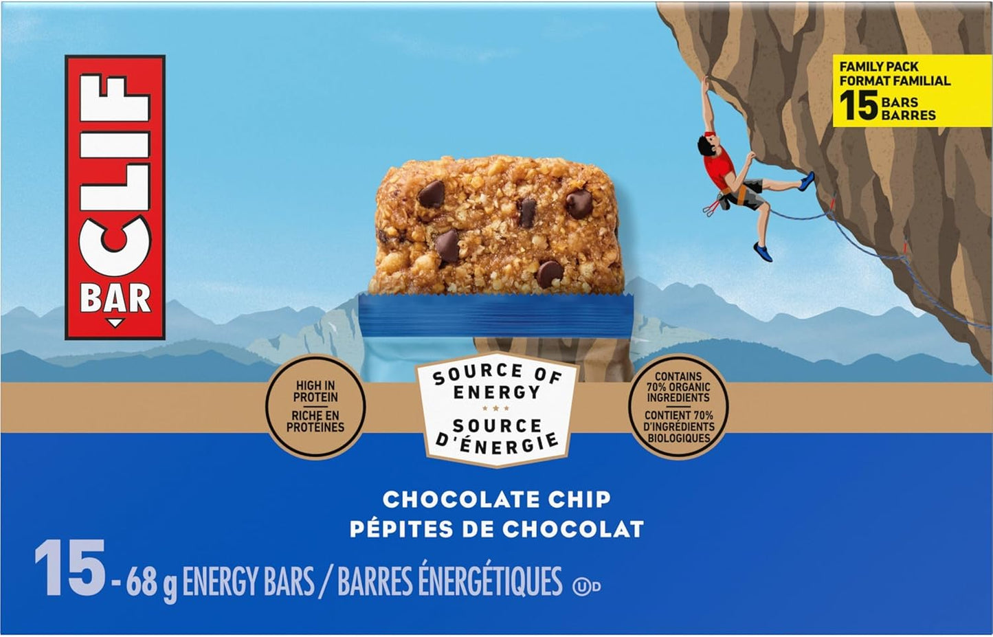 CLIF BAR 能量棒，巧克力碎，燕麦棒，高蛋白，含 70% 有机成分，1.02 千克（15 包）