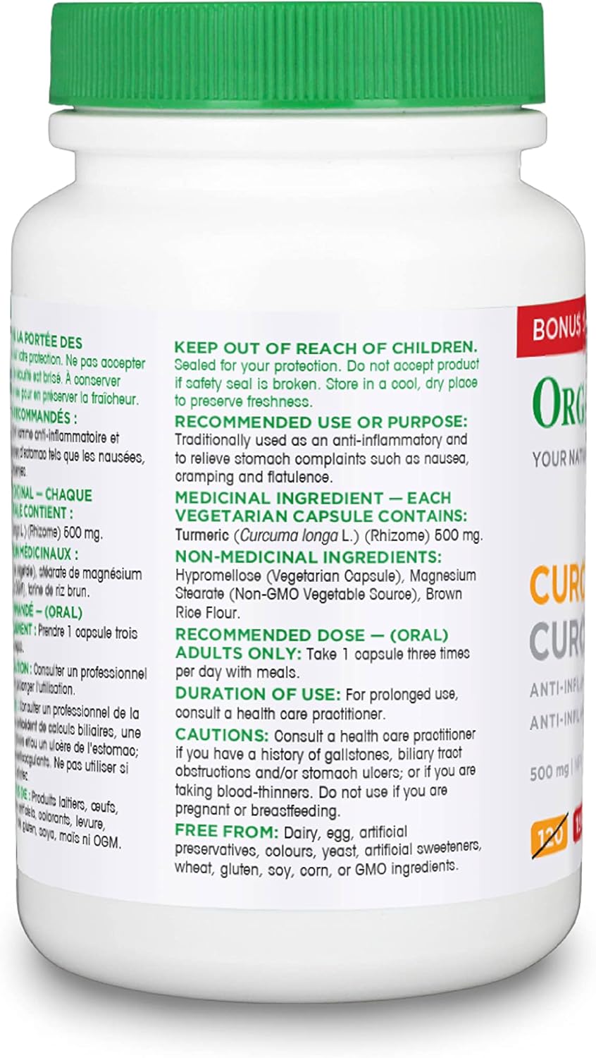 Organika Canadian-Made Curcumin 500 mg - Anti-Inflammatory, Antioxidant, Joint Pain Relief and Natural Tonic - 150 vcaps
