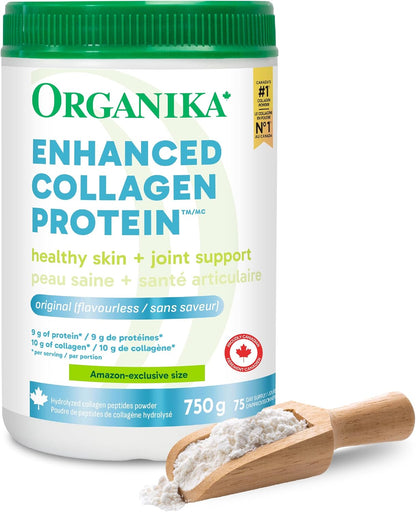 Organika Canadian-Made Enhanced Collagen Powder - for Healthy Hair, Skin, Nails, and Joints. Hydrolyzed Protein Peptides for Better Absorption- Grass-Fed, Non-GMO- Unflavoured- 750g